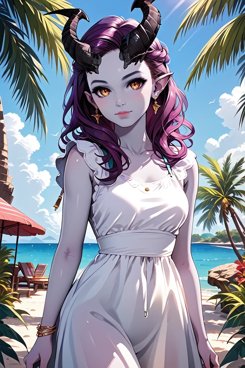 score_9, score_8_up, score_7_up, score_6_up
<lora:BGAlfira:1.0>
BGAlfira, 1girl,demon horns, purple hair, grey skin, looking at viewer, on a tropical island, sundress, palm trees, cowboy shot