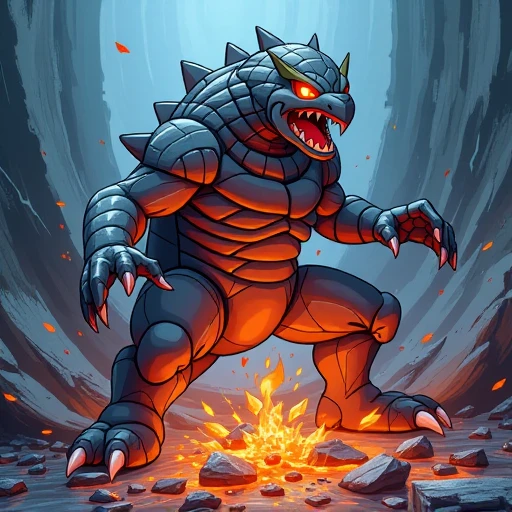 classic pokemon 3DCG illustration. thick outlines. pokemon render style. extremely dynamic composition showcasing the special ability power. flowing pose with extreme closeup on the face in the upper area of the image. intense perspective, in motion movement effects, dynamic impactful vfx, eye catching.. A rock Pokémon with earthquake powers poses dynamically, its body a twisted mass of rugged terrain and molten lava flows. The upper area zooms in on its face, a mask of stone and fury with blazing eyes. Earth shatters beneath its feet as it stomps, unleashing seismic waves that ripple through the abstract background like a fractured canvas. Intense perspective compresses space, conveying unstoppable power. Vibrant colors dance: fiery oranges, electric blues, and smoldering grays. Movement effects blur edges, blurring boundaries between rock and energy. Impactful VFX burst forth in the foreground, echoing the Pokémon's raw force.. masterpiece, professional, best quality, sharp, extreme detail, Hyper-detailed, high-resolution, intricate, vivid.