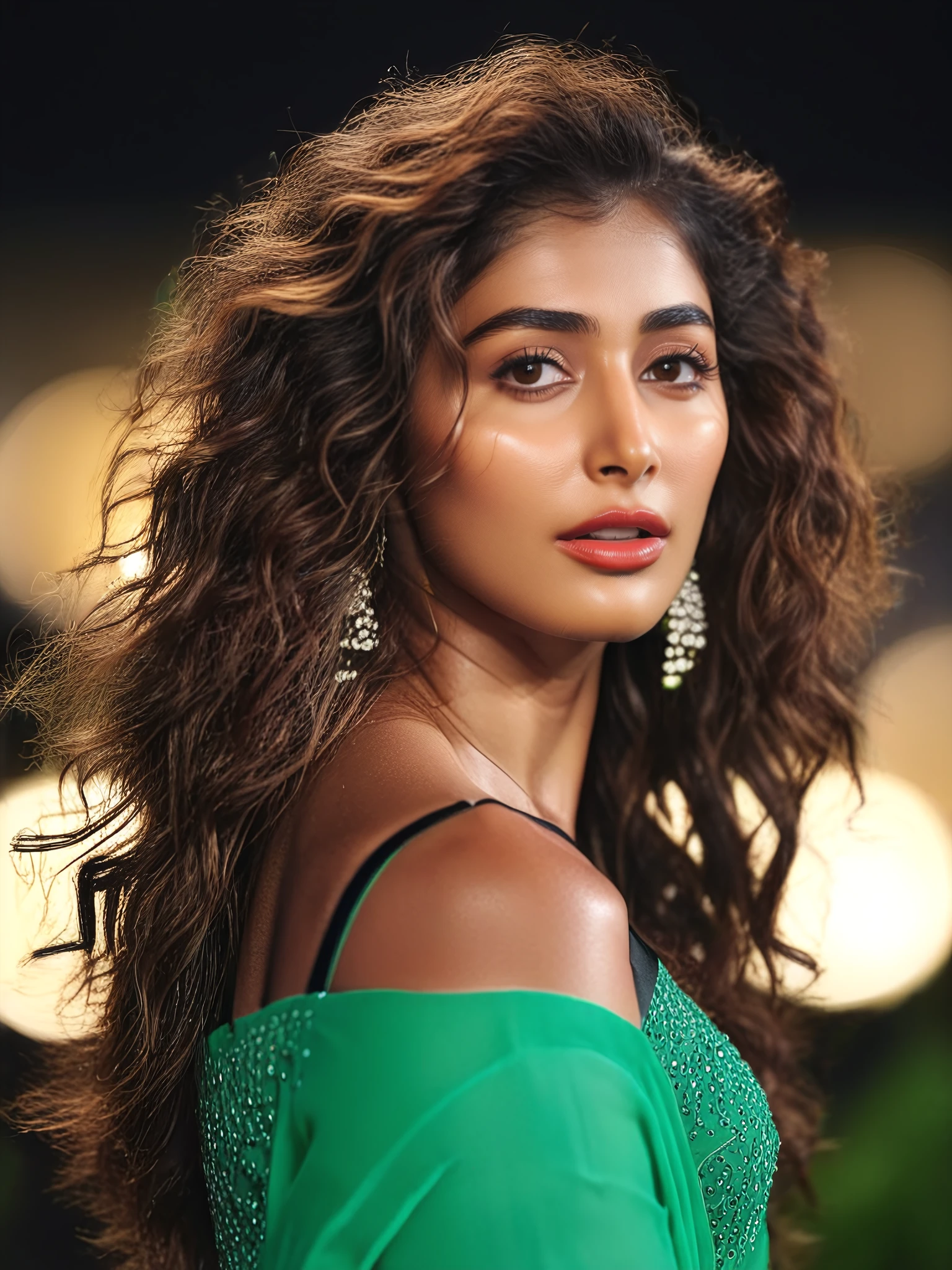 upper body photo of Pooja Hegde woman, solo, messy curly hair, serious look, looking at the camera, ethnic Green , night time, contrasting background bokeh <lora:Pooja_Hegde_SDXL_LoRA_prodigy_local_xformers_HNE:1>