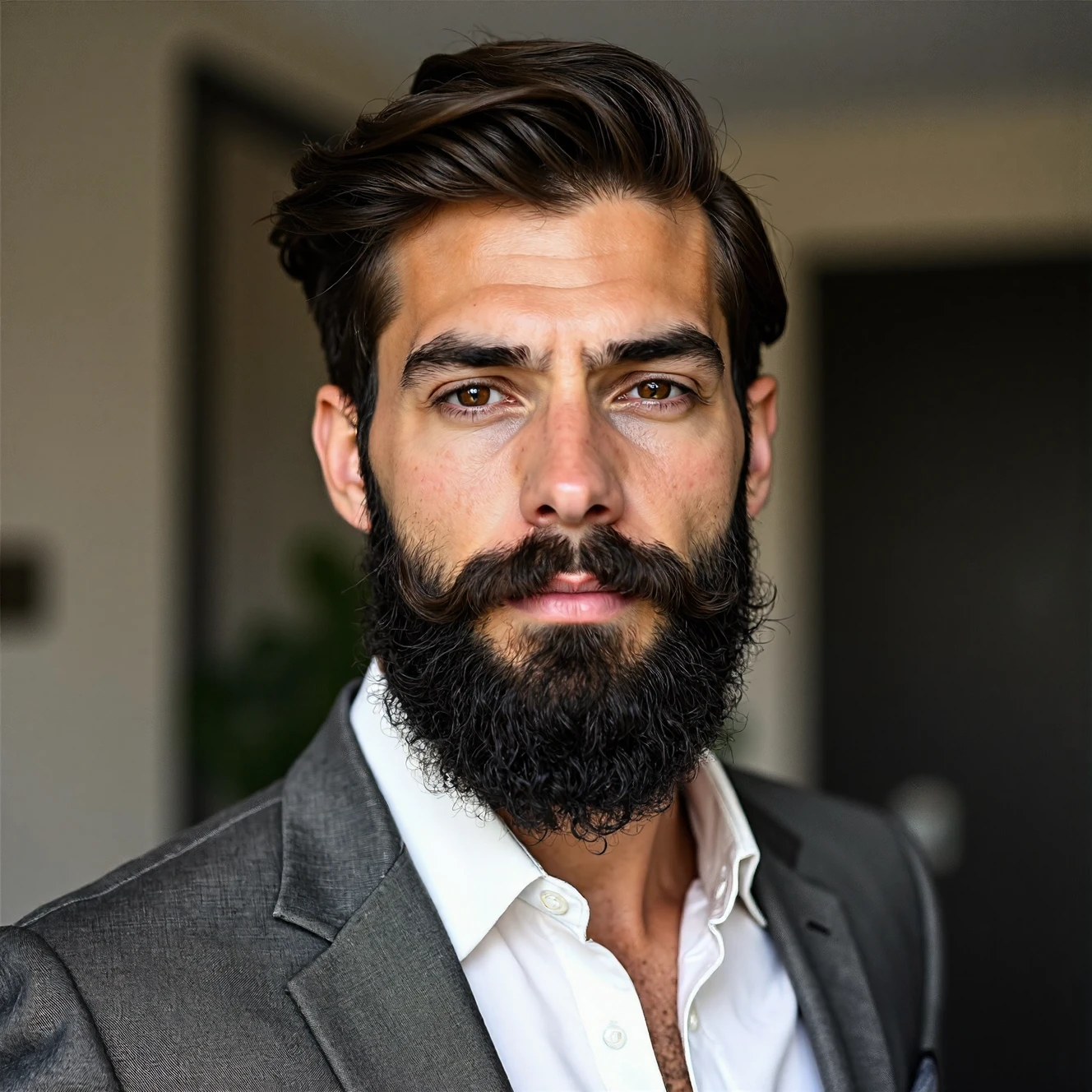 RAW photo, a candid full body portrait of a beautiful man with a beard in a grey suite, 8k uhd, dslr, soft lighting, high quality, film grain, Fujifilm XT3
small chin, (no freckles:0.5), (no cleft chin:1.5), perfect eyes, glowing irises, ((even eyes)), ((even pupils)), round iris, detailed pupils, light reflections, visible cornea, blood vessels, (wet skin:1.1), (sweat:1.1), white winter skin, wax skin, marble skin, pale skin, clear skin, [[skin blemishes]], skin pores, blush, flushed cheeks, [[[[[moles]]]]], wrinkles, [[[[vitiligo spots]]]], [[whiteheads]], [[[blackheads]]], [pimples], perfect hands, shiny bright eyes, centered pupils, blood vessels in sclera, detailed skin, [[oiled shiny skin]], beauty spots, skin fuzz, shine from within, hands off face, moles, nipples, not asian  <lora:FLUX_polyhedron_all_1300:1>