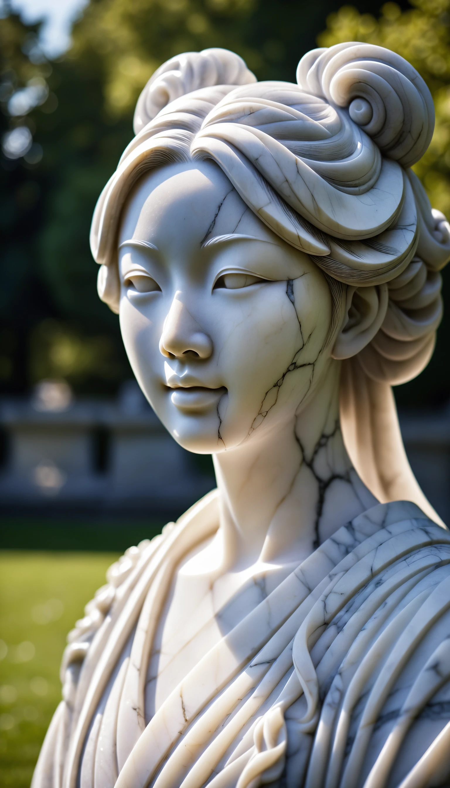 a sculpture of a asian female made of marble carving in park,marble texture,crack,shiny,marble carving face,marble carving hair,no humans,female focus,outdoors,on lawn,upper body,light smile,still life,looking at viewer,strong light and shadow contrasts,8K,masterpiece,best quality,highly detailed,high resolution,finely detail,extremely detailed,ultra detailed,wallpaper