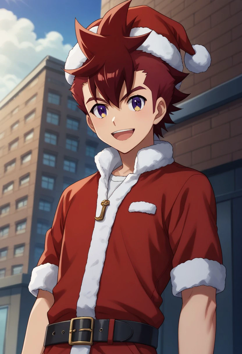 score_9, score_8_up, score_7_up, source_anime, highly detailed, 
rekka, 1boy, male focus, solo, upper body, red hair, purple eyes, yellow eyes, looking at viewer, spiked hair, santa hat, santa costume, belt, smile, open mouth, happy, outdoor, buildings, sky, clouds, day