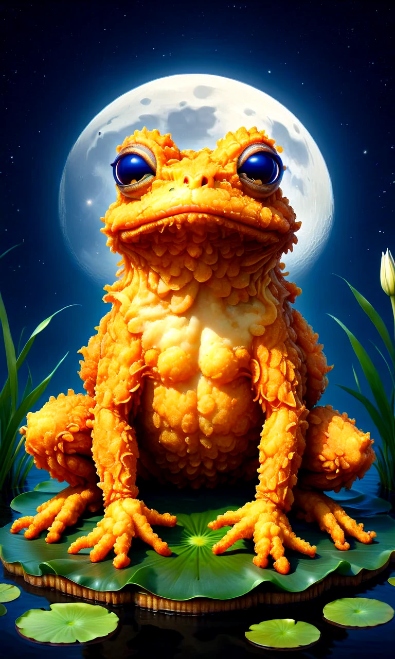 ((masterpiece, best quality)), illustration, digital painting,
<lora:Deep-Fried__Crispy_Style_World_Morph_V2:1> dfc, a frog made of deep fried & crispy breading, on top of a lily pad, in a pond, night time, reeds, water, moon, stars, night sky,