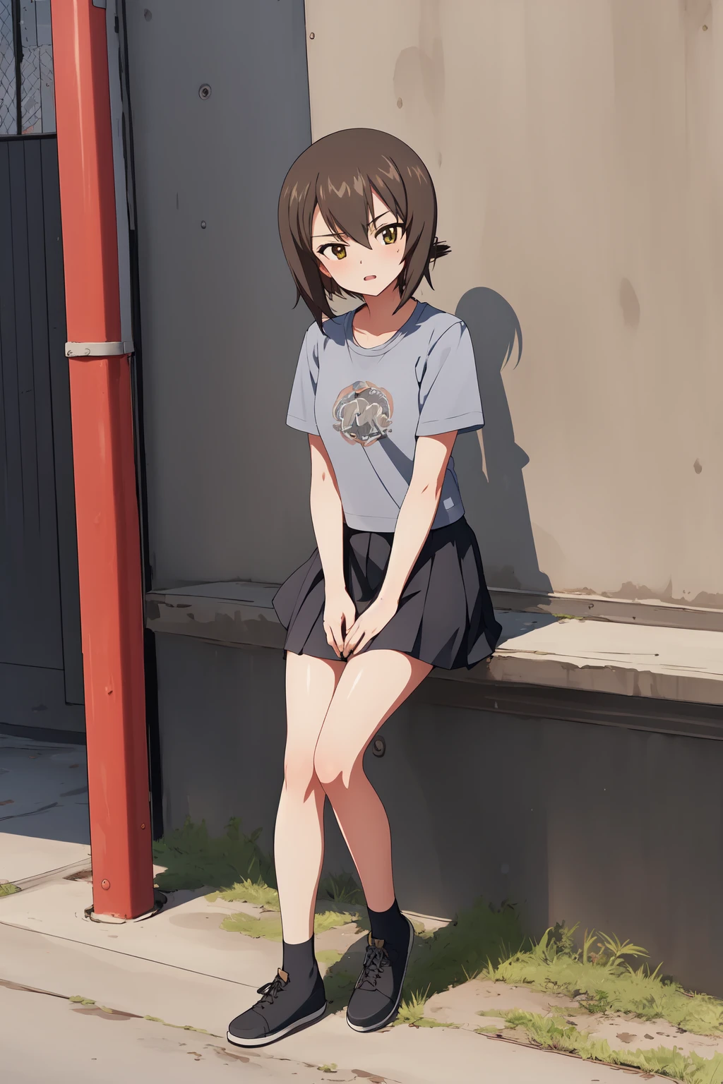 (RAW photo, best quality), 1girl,  natural lighting,
 <lora:girls_und_panzer_maho_1_2:1> panzer_maho,
black footwear, skirt, gray shirt,