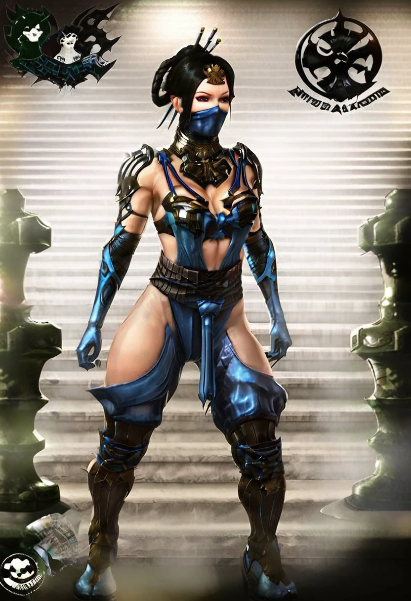 Kitana MKX, 1girl, solo, breasts, black hair, gloves, cleavage, medium breasts, elbow gloves, hair bun, armor, mask, shoulder armor, ninja mask, hip vent, eyeshadow, hair ornament, holdingfan, mortal kombat logo, mkx logo, 3d