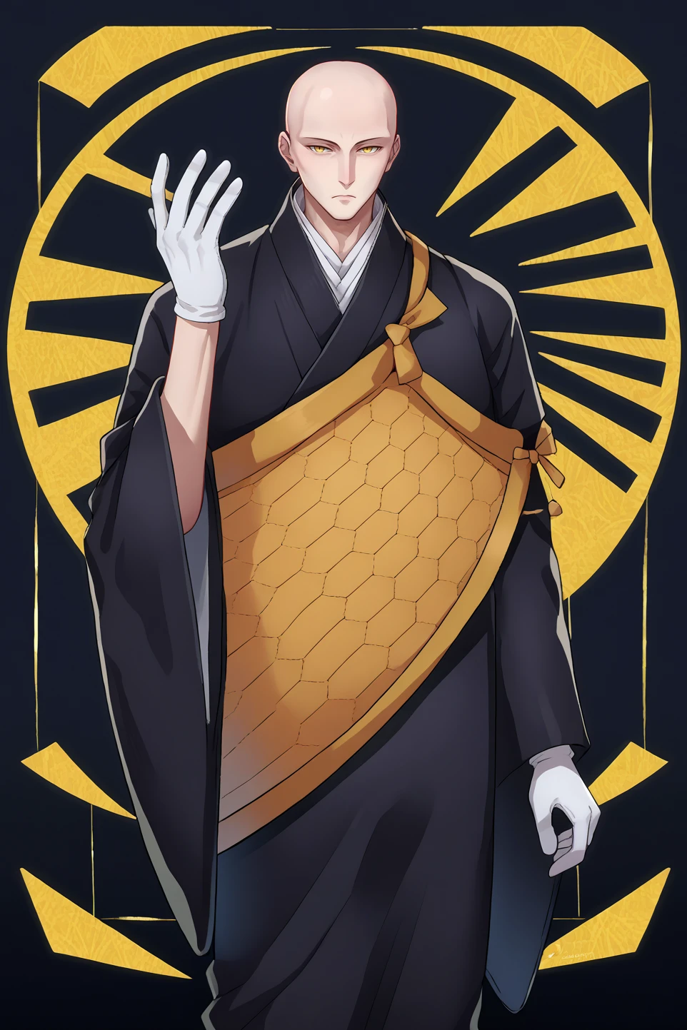 score_9, score_7_up, source_anime, cowboy shot, looking at viewer, expressionless, 1boy, admss, mature male, white skin, bald, yellow eyes, black kimono, kesa, white gloves, tabi, hand up, palms, abstract background, black background, <lora:Hoseki_HousekiNoKuni_Adamant_PDXL_v1:1>