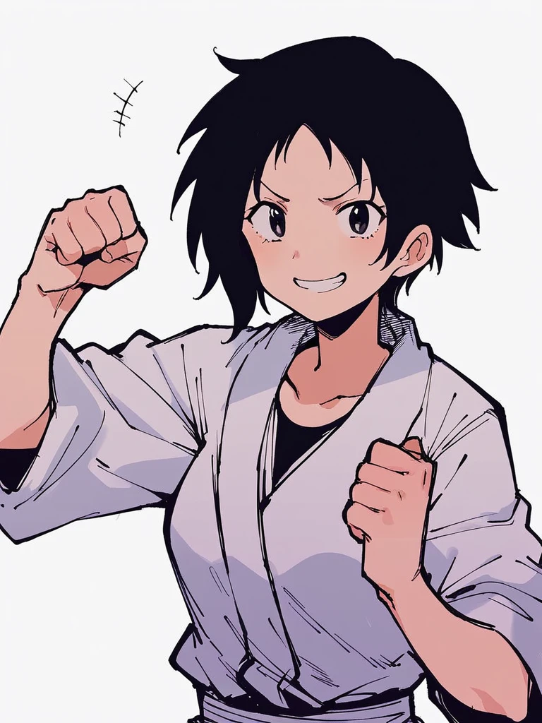 score_9, score_8_up, score_7_up, 
1girl, ayumu mc, short hair, black hair, tomboy, black eyes,

 medium breasts, 

standing, white background, daogi, smikle, clenched hands , looking at viewer,, smile,

