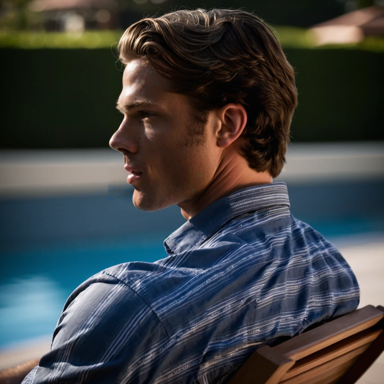 intricate details, ultra sharp, realism, realistic photography, (padalecki, 21 yo caucasian male model, athletic, side view, profile, parted lips), on a patio lounge chair by a luxury swimming pool, wearing a luxury designer shirt, portrait, close up view