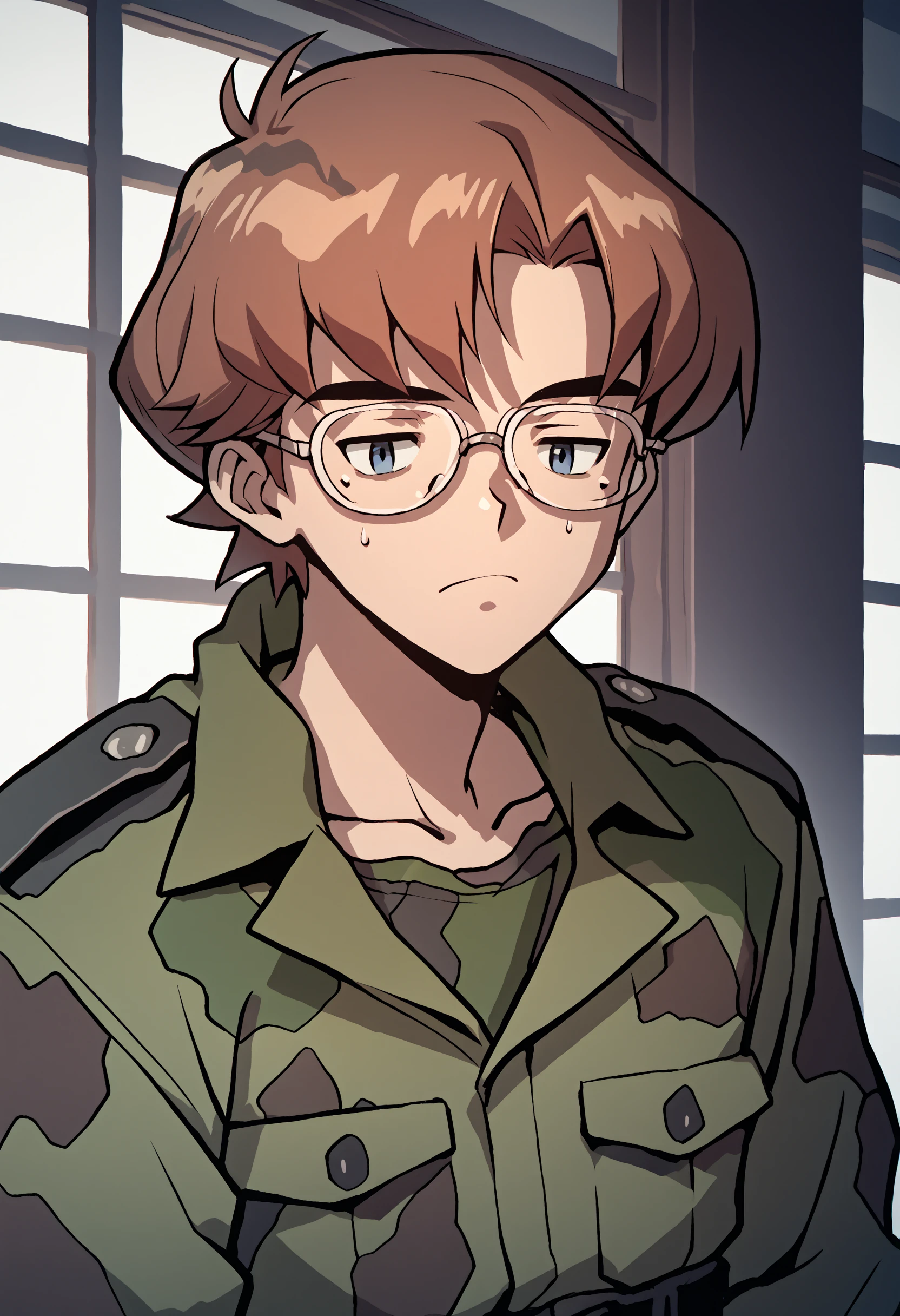 score_9, score_8_up, score_7_up, score_6_up, source_anime, comokensuke, glasses, 1boy, male focus, military uniform, <lora:Degen_kensuke_alpha:.85>  camouflage,  sorry ourdoors