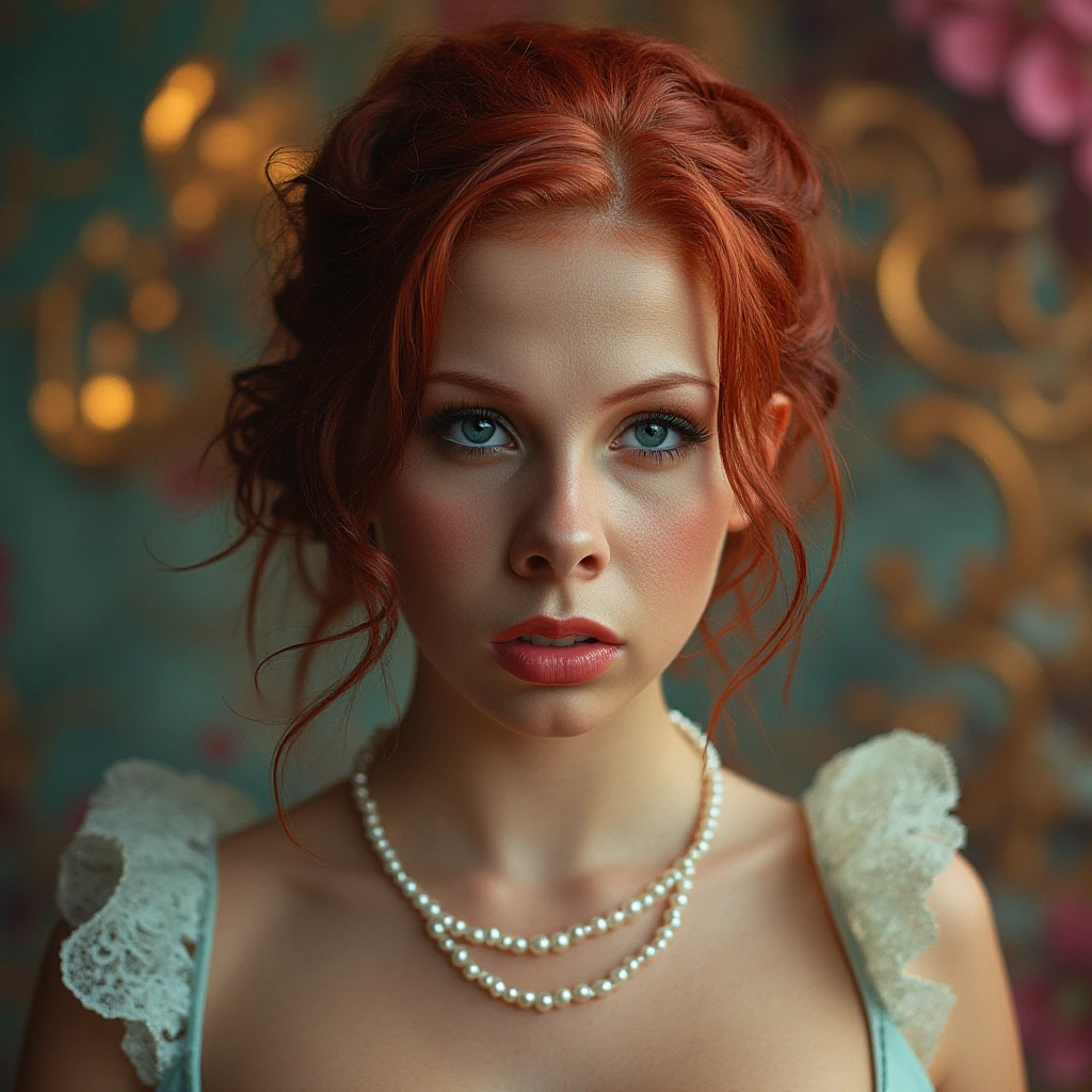 highly detailed photorealistic photography of (gianna michaels), complex composition, woman with dark red hair, blue eyes, intricate hairstyle with pearls, pastel dress, glowing background, exaggerated background details, vibrant colors, intricate textures, dynamic lighting, whimsical and magical atmosphere, very detailed and complex skin texture, best quality skin texture