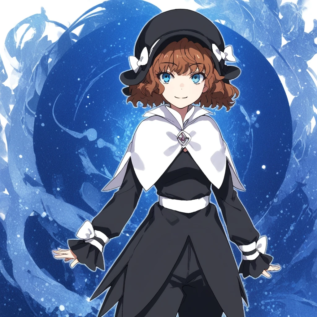 anime coloring, score_9, score_8_up, score_7_up, score_6_up,  mallybath blackbell, toaru, 1girl, solo, hat, brown hair, smile, short hair, blue eyes, capelet, looking at viewer, black headwear, long sleeves, pants, cosplay, dress, bow, closed mouth, standing, black pants