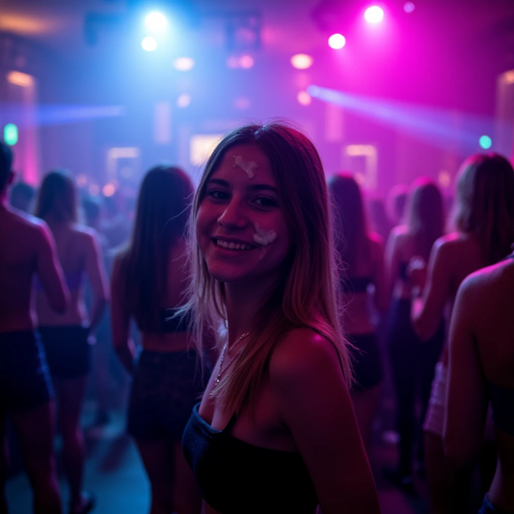 a young woman standing amidst a packed, vibrant nightclub. The scene is awash in colorful, dynamic lighting—flashes of neon pink, blue, and green bounce off her face and the bodies around her. She’s positioned slightly off-center, her expression a blend of joy and focus as she moves to the beat. Her hair catches the light, glowing in the strobe effects that flicker through the air. The background is alive with dancing figures, blurred by shallow depth of field, while soft, cool blues and hot magentas swirl through the scene. The club’s atmosphere pulses with energy, sound, and light, creating a cinematic, immersive experience. The details of the nightclub's bar in the background add depth, with reflective surfaces catching the vibrant hues, balancing the frame with a mix of realism and dreamlike quality. thick cum load, woman with cum on her face, Cum on face.