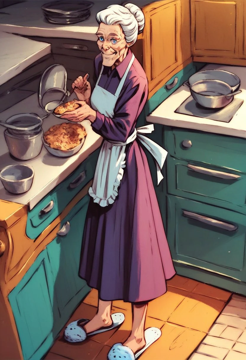 score_9_up, score_8_up, score_7_up, score_6_up, 1girl, solo, Aunt_May, old woman, single hair bun, blue eyes, warm smile, plain purple dress, apron, slippers, standing in a kitchen