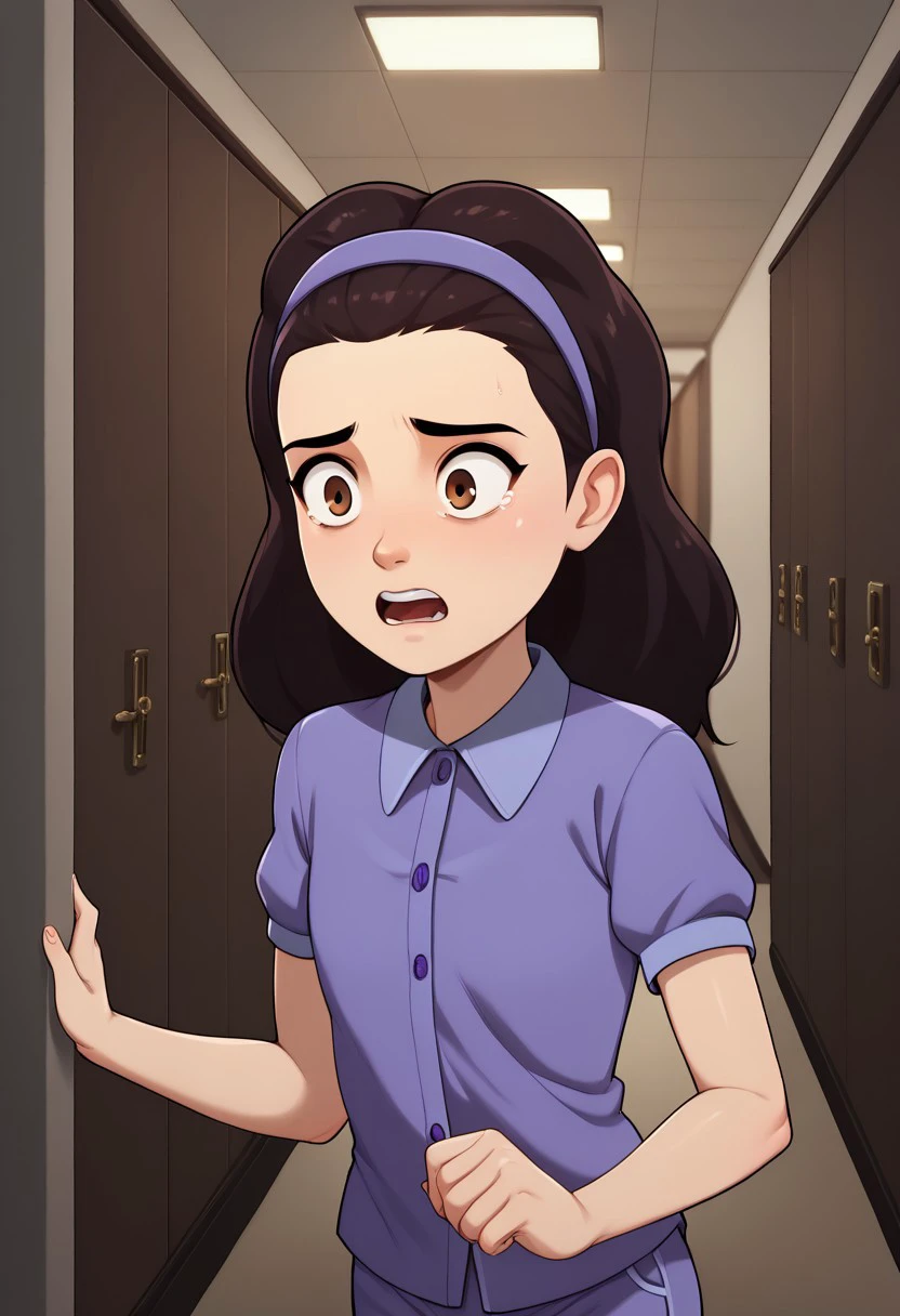 score_9, score_8_up, score_7_up, high quality, highres, MHPHEsther, 1girl, dark brown hair, long hair, brown eyes, purple headband, purple shirt, collared shirt, purple pants, short sleeves, pajamas, solo, indoors, hallway, young, Scared, dark room,