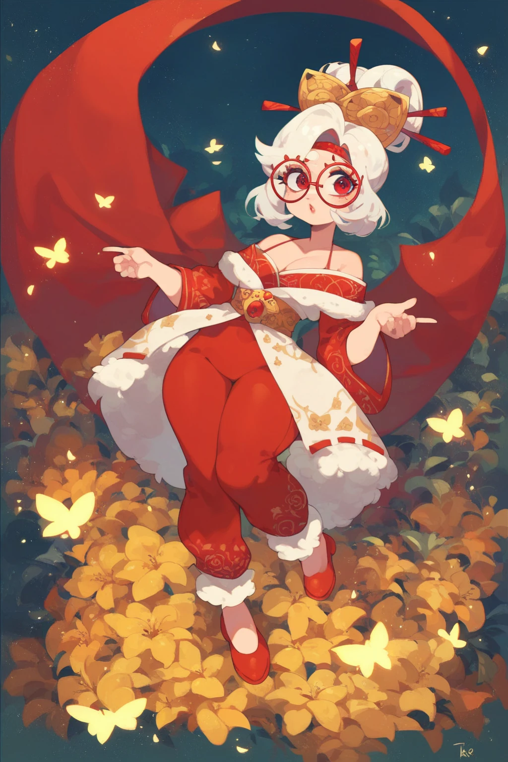 score_9, score_8_up, score_7_up, score_6_up, score_5_up, score_4_up, masterpiece, high quality, full body,  <lora:Purah_TOK:0.8> Purah_TOK, white hair, red eyes, yellow hair ornament, red glasses, hair bun 1girl, red-framed eyewear, round eyewear