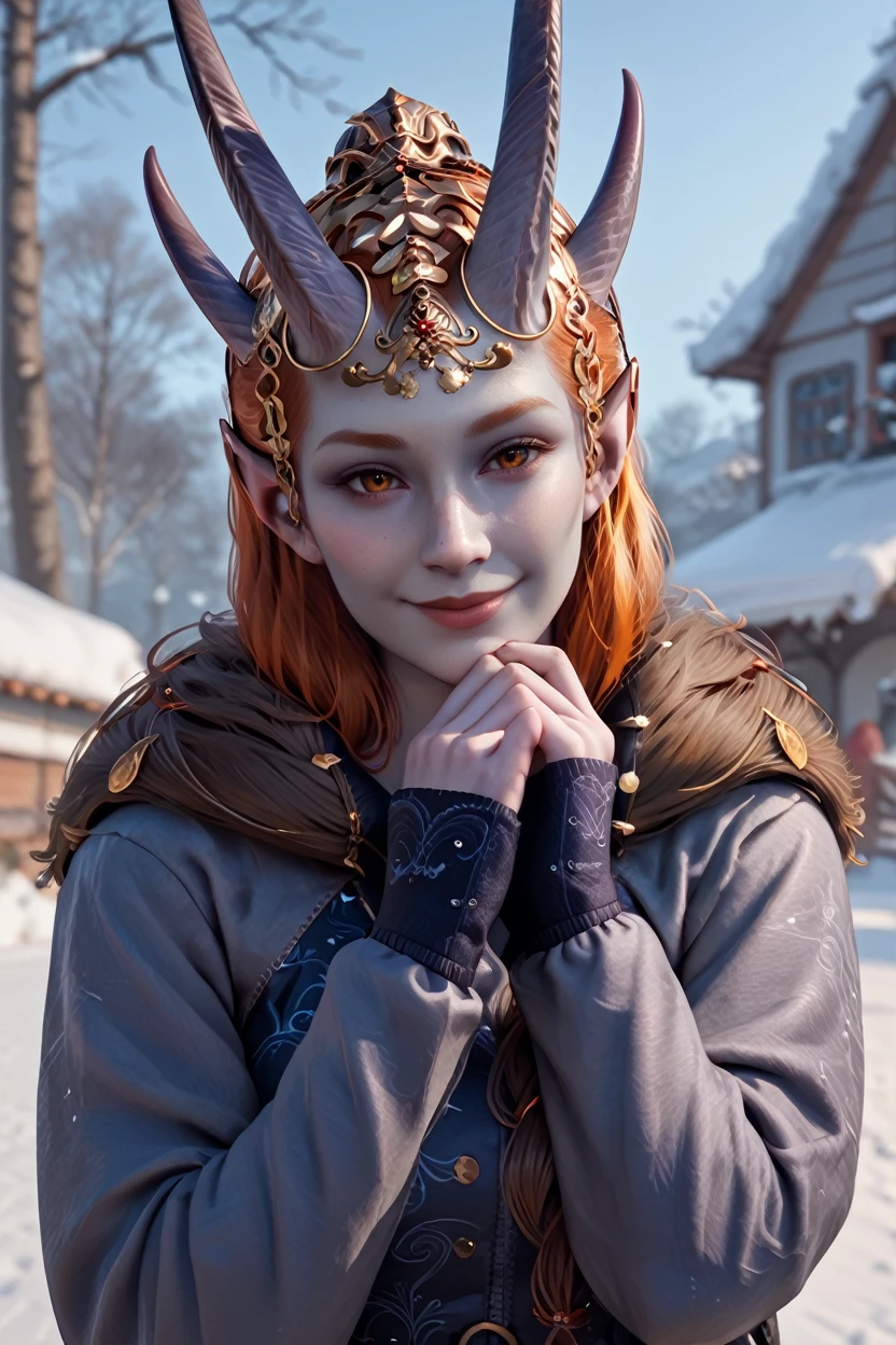 score_9, score_8_up, score_7_up, score_6_up
<lora:BGMizora:1.0>
BGMizora, 1girl, orange hair, horns, grey skin, hair ornament, pointy ears, looking at viewer, in a winter wonderland, cowboy shot, winter clothing, smile, One hand on chin, thoughtful pose