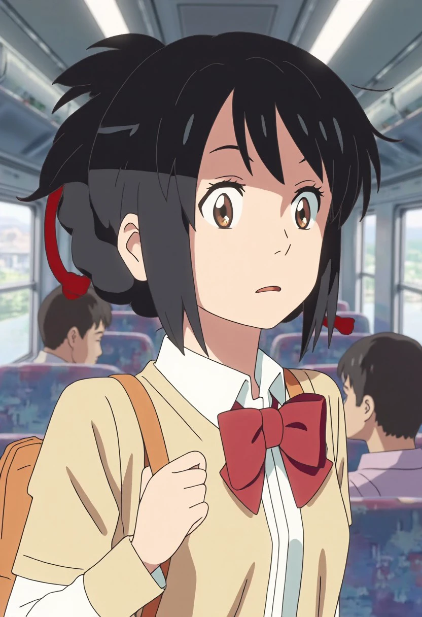 Mitsuha Miyamizu is shown standing in what appears to be a train or other public transport, her expression one of surprise or realization. Her black hair is styled in a traditional braid, adorned with red cords, and a few loose strands frame her face. She is wearing her school uniform, consisting of a white blouse and a red bow tie, with a light-colored cardigan draped over her shoulders. Mitsuha holds onto the strap of her backpack with one hand, her wide eyes and slightly parted lips suggesting that she has just noticed or remembered something important. The background is blurred, with other passengers visible, and the soft lighting adds a sense of calm to the scene despite her startled expression.