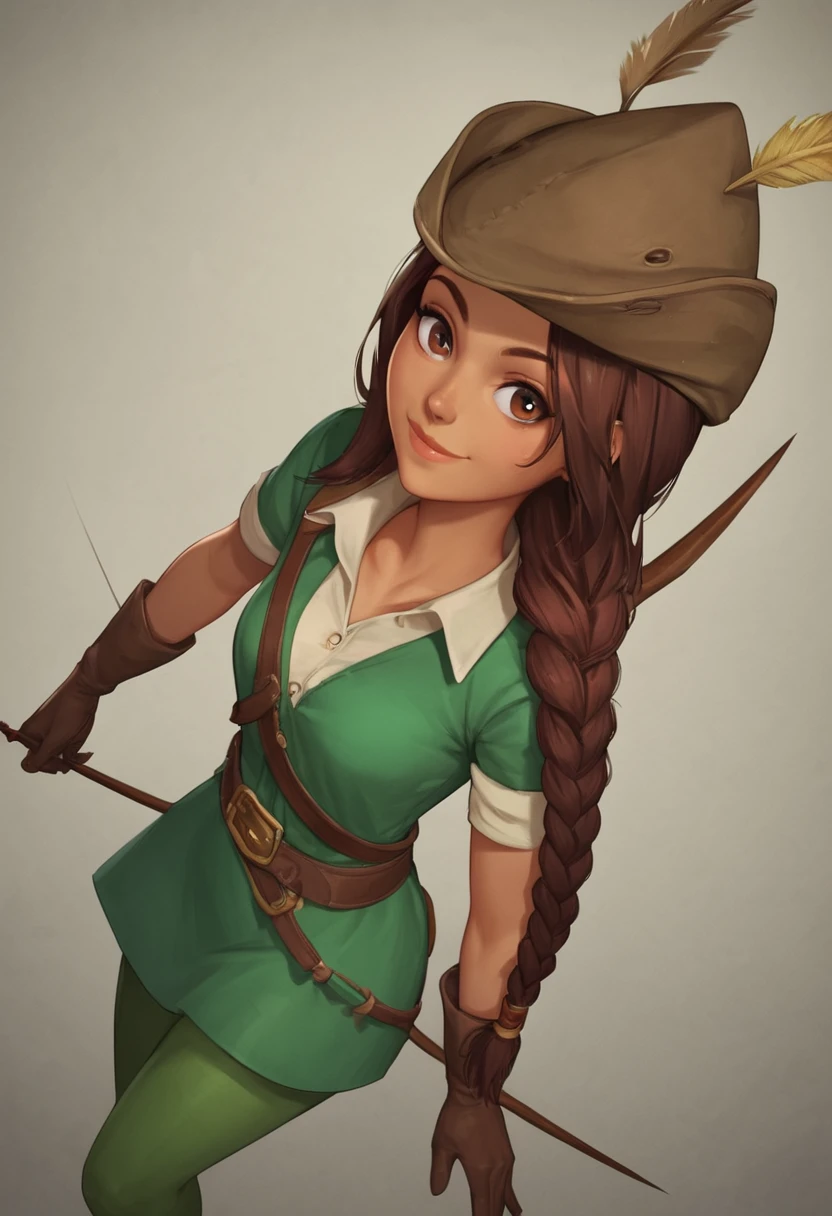 score_9, score_8_up, score_7_up, 1girl, solo,  carol_of_the_arrow, brown hair, brown eyes, dark skin, braid, long hair, gloves, hat, belt, green tunic, green tights, dynamic posing, dynamic angle, looking at viewer, light smile, simple background