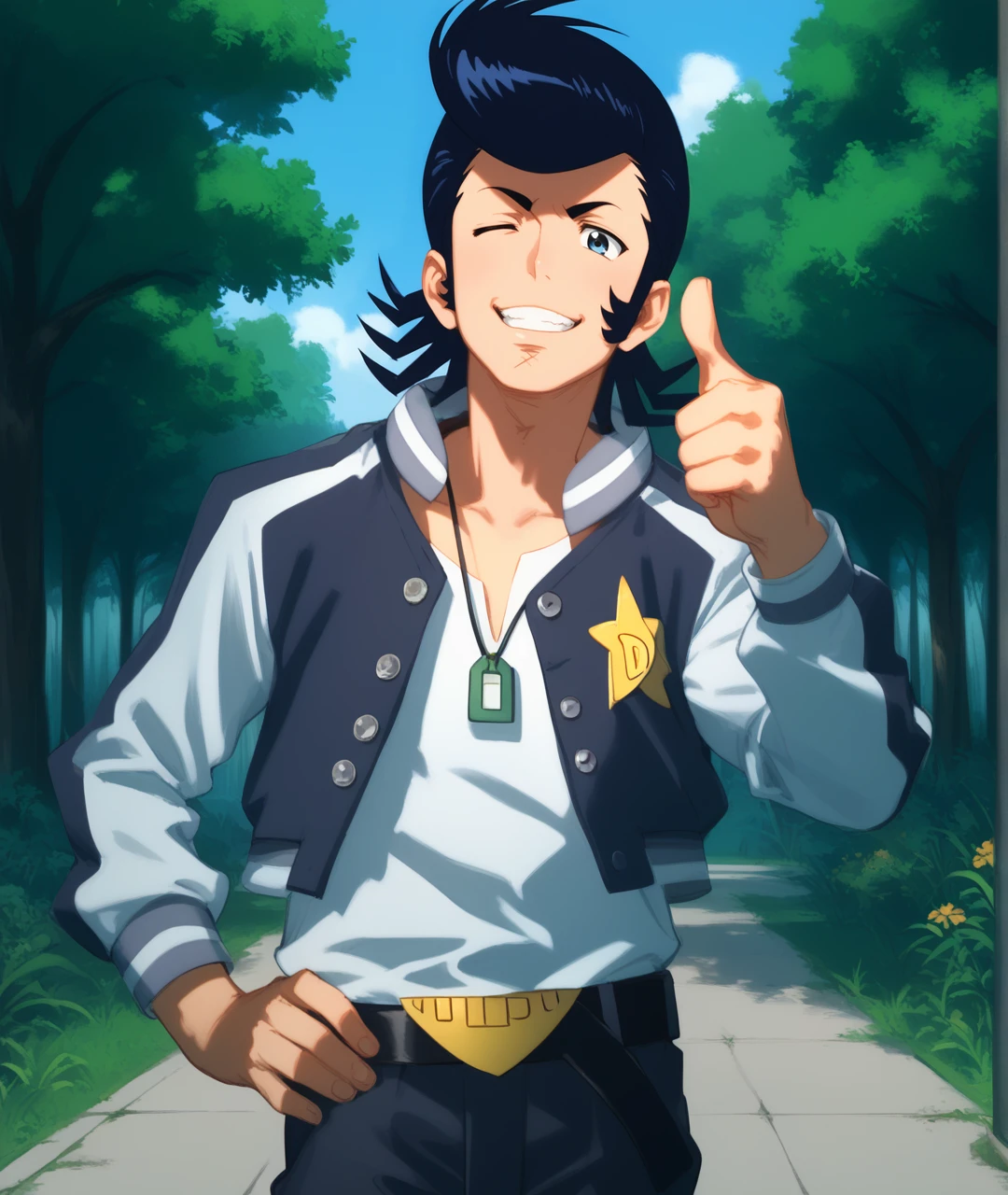 score_9, score_8_up, score_7_up, source_anime, outdoors, tree shade,
BREAK
1boy, solo, space dandy, pompadour, sideburns, letterman jacket, belt, pants, necklace, thumbs up, one eye closed, smirk, teeth, hand on own hip,
<lora:spacedandy:1>