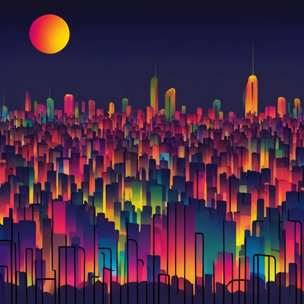 colorful cityscape at night, moon