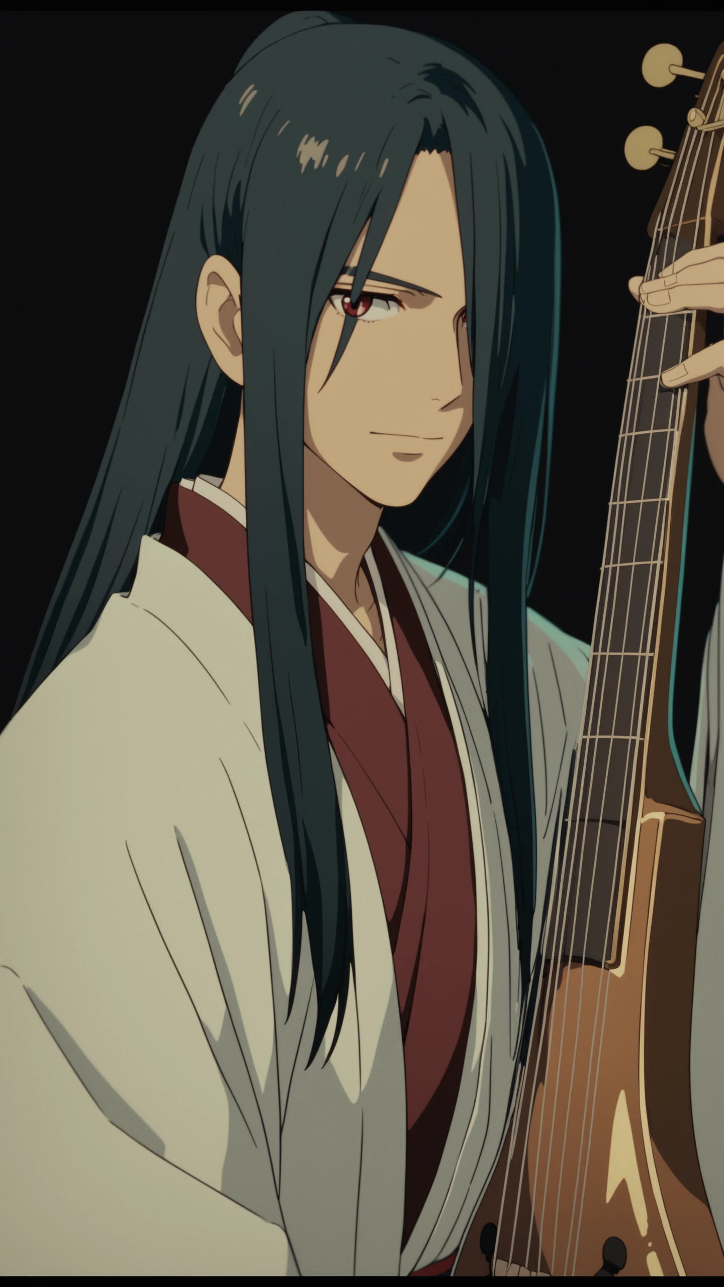 ghibli, score_9, score_8_up, score_7_up, i want the whole image to be created in 3D anime style,  solo, long hair, looking at viewer, black hair, red eyes, 1boy, holding, hair between eyes, closed mouth, upper body, male focus, japanese clothes, kimono, hair over one eye, letterboxed, black background, instrument, pale skin, holding instrument