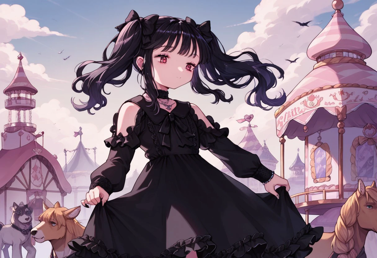 score_9, score_8_up, score_7_up, best quality, absurdres, ((cowboy shot)), miine, pigtails, bangs,  gothic dress, riding a carousel