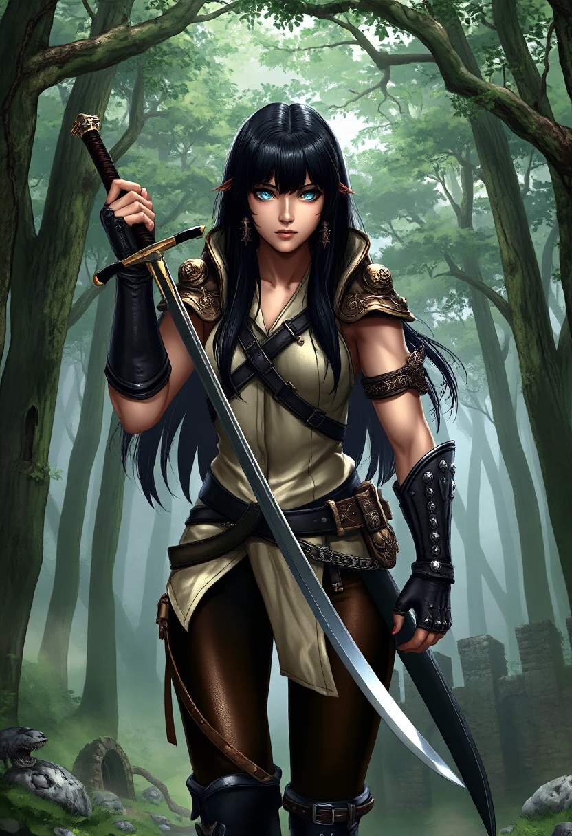 sehele style, Fantasy warrior, manga-inspired, centered, holding a curved sword, 1woman, athletic, strong facial features, long black hair that falls down her back like a waterfall, piercing blue eyes that seem to see right through you, leather armor that is worn but still intact, with intricate golden accents on the shoulders and chest. She wears a sleeveless white linen shirt underneath, tied at the waist with a thin black sash. Her pants are dark brown leather, tucked into knee-high black boots with silver buckles. A dense forest with towering trees and a misty atmosphere, with hints of ancient ruins in the distance.