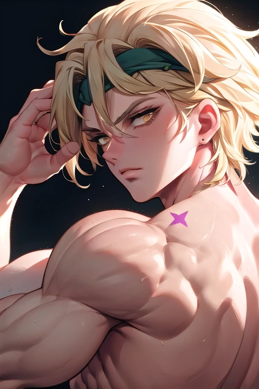 (((close-up))), ((black background)), looking at viewer, dio_brando's_pose_(jojo), birthmark (joestar), ear birthmark, knee up, stapped on stairs, dark, night, indoors, vampire, off shoulder, blonde hair, headband, green belt, yellow pants, partially shaded face, (((topless male, mature male, muscular male, narrow waist))), <lora:dioandhisstarbirthmark:0.8>