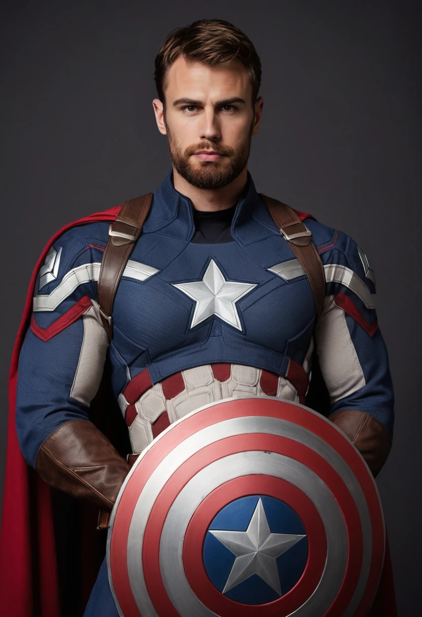 half body photo of a man,th30, with a neatly trimmed beard, wearing a captain america costume, (holding a circular shield:1.2),  <lora:Theo_James_2014_SDXL:.9>