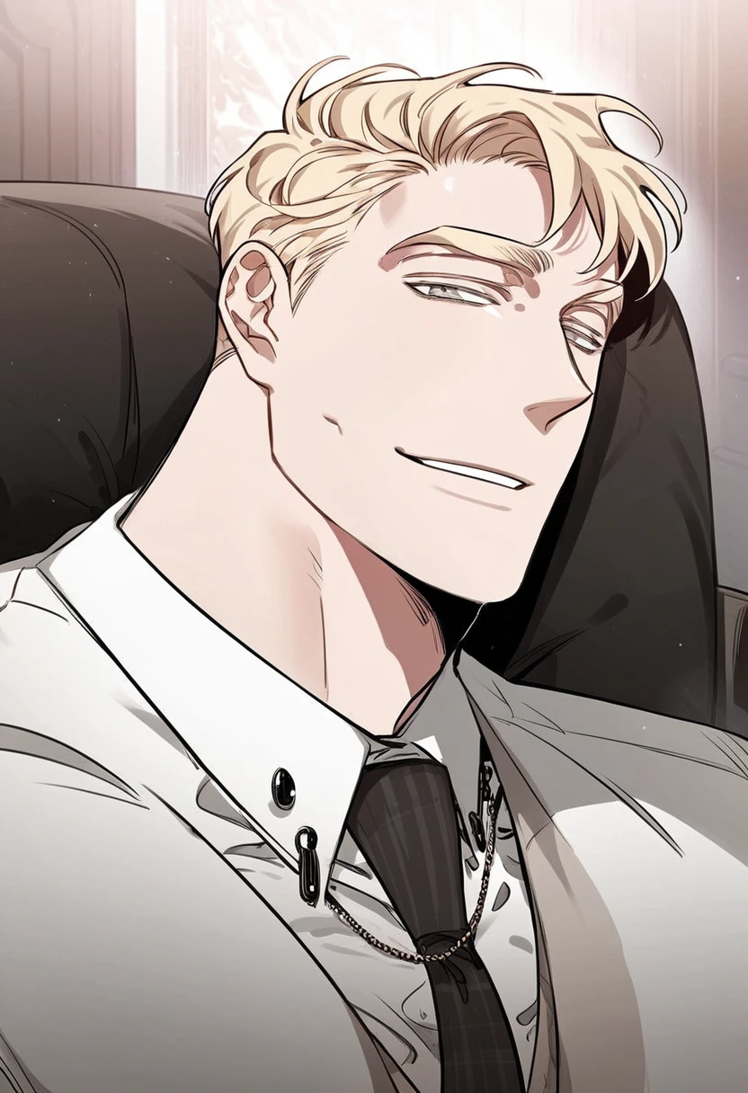 score_9, score_8_up, score_7_up, best quality, highres, 1boy, blonde hair, short hair, necktie, white shirt, formal, collared shirt, shirt, male focus, armchair, sitting, upper body, smile, detailed background, looking at viewer, <lora:Caesar_Roses_And_Champagne_:1>, dark room, under spotlight,