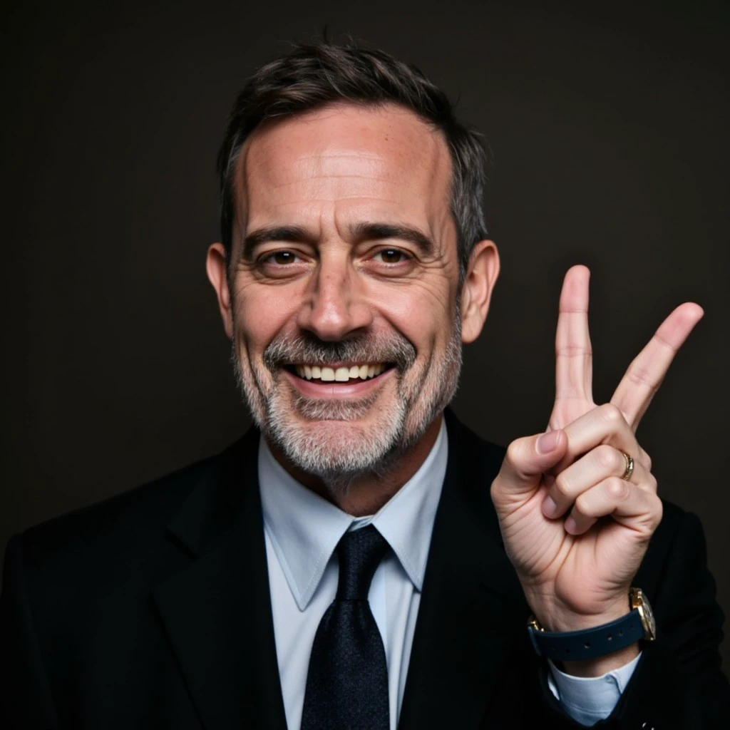 joe kessler, facial hair, grey hair, suit, tie, peace sign, smirk, grin