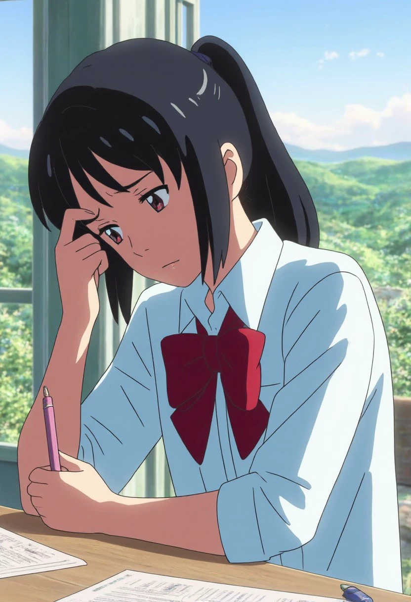 Mitsuha Miyamizu is seated indoors, deeply focused on something as she furrows her brow in concentration. Her black hair is tied in a ponytail, with a few strands falling around her face, emphasizing her intense expression. She is dressed in a school uniform, consisting of a light blue blouse with a large red bow tie. In one hand, she holds a pink mechanical pencil, while her other hand is pressed to her forehead, as if trying to solve a difficult problem or make an important decision. The background shows a bright and sunny day outside, with green hills visible through the window, contrasting with the serious mood inside the room.