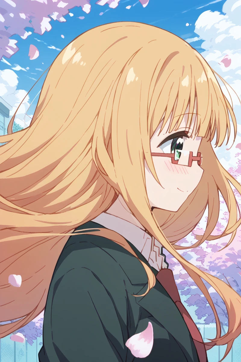 score_9, score_8_up, score_7_up, score_6_up,
 <lora:Mitsuki_Sonoda:1> mitsuki, 1girl, solo, glasses, long hair, blonde hair, smile, petals, green eyes, blush, school uniform, wind, profile, close-up