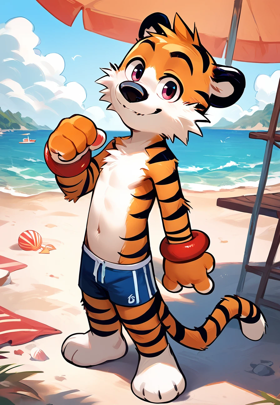 <lora:Hobbs V1:1> hobbesca, tiger, furry,  full body, score_9, score_8_up, score_7_up, score_6_up, score_5_up, score_4_up, looking at viewer,beach, source_furry, <lora:NAI3 Smooth Boys Style LoRA_Pony XL v6:0.8>, cub,young,