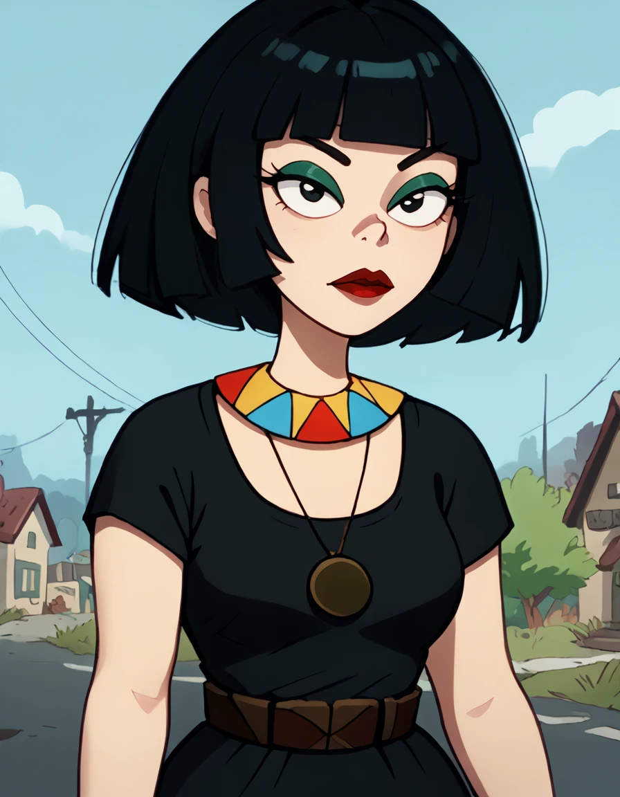 <lora:Ms_Mushburgur:1>1girl, pale, artsy, makeup, black bob-cut hair, blunt bangs, colorful necklace with red blue yellow triangles, brown round pendant, black dress, brown and green belt, gold  and brown bracelet, bracelet, upper body, source_cartoon, score_9, score_8_up, score_7_up,