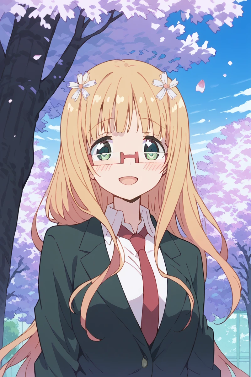 score_9, score_8_up, score_7_up, score_6_up,
 <lora:Mitsuki_Sonoda:1> mitsuki, 1girl, solo, glasses, necktie, long hair, smile, green eyes, cherry blossoms, open mouth, blush, school uniform, tree, jacket, petals, :d