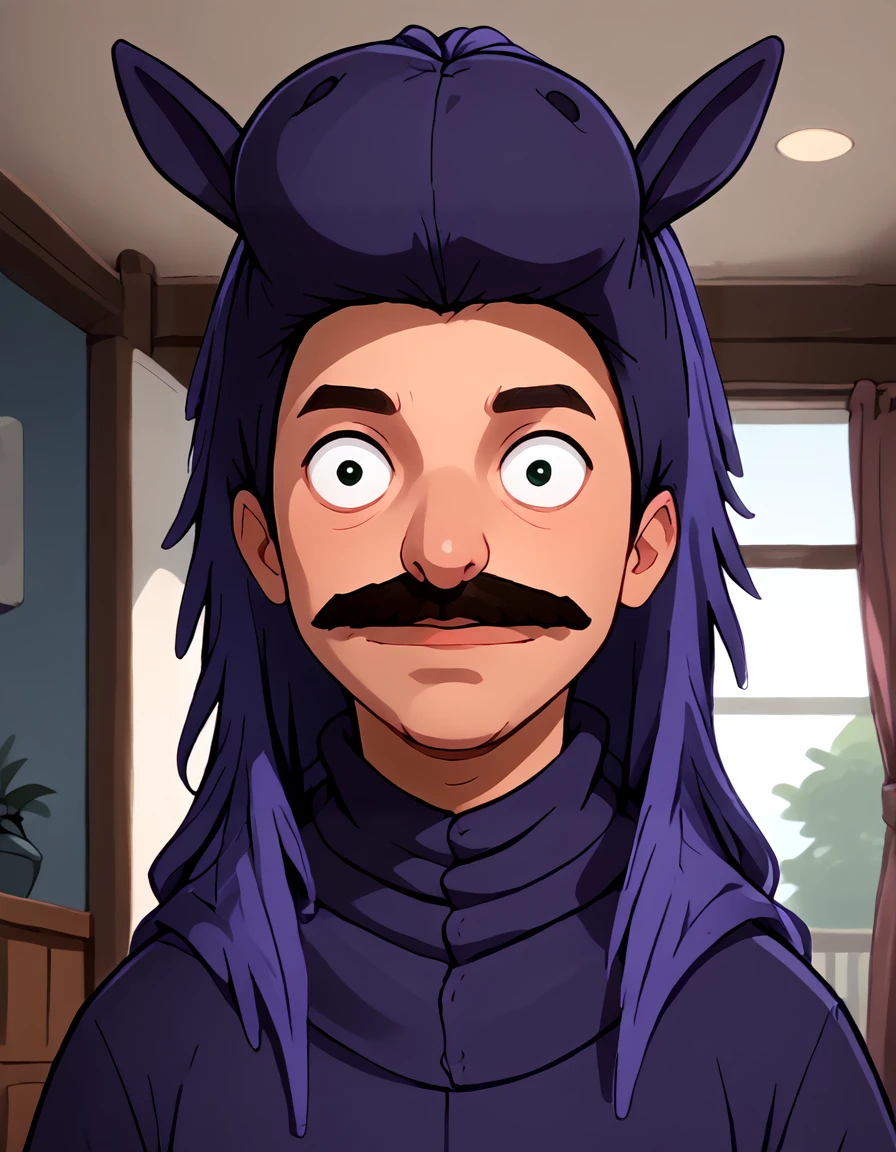 <lora:bobcephala_-_Bobs_Burgers:0.9> 1boy, purple horse costume, facial hair, mustache, portrait,  indoors,  three quarters view,, source_cartoon, score_9, score_8_up, score_7_up,