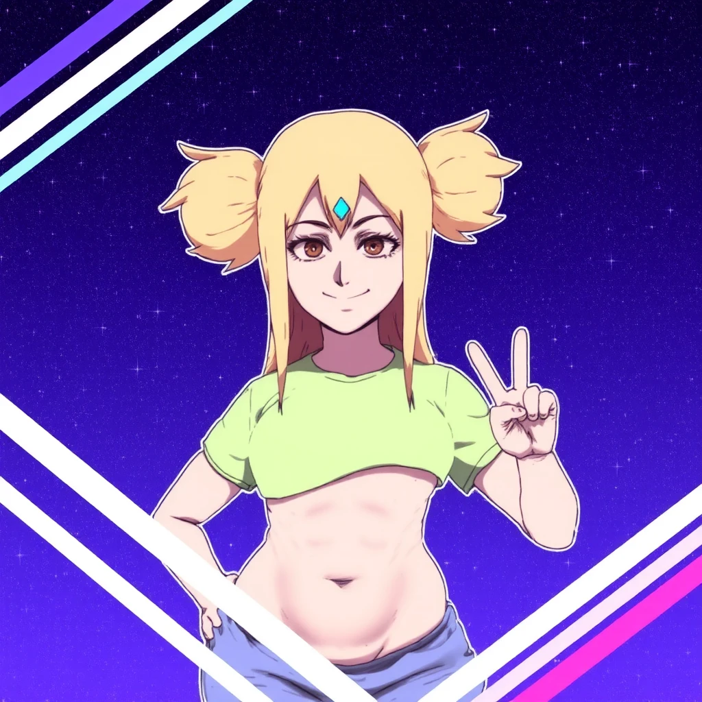 motion lines, 1girl Tomboy, long  blonde  hair with twin tails, parted bangs, small diamond shaped forehead mark, she has brown eyes, green t-shirt, midriff , navel ,smug smile, peace sign with one arm, the other arm on her hip,  shimmering purple manga background with celestial stars, looking directly at the viewer, diagonal line are visible on the picture in one of the foreground corners, <lora:D-ART-18dart5[Flux]:1>