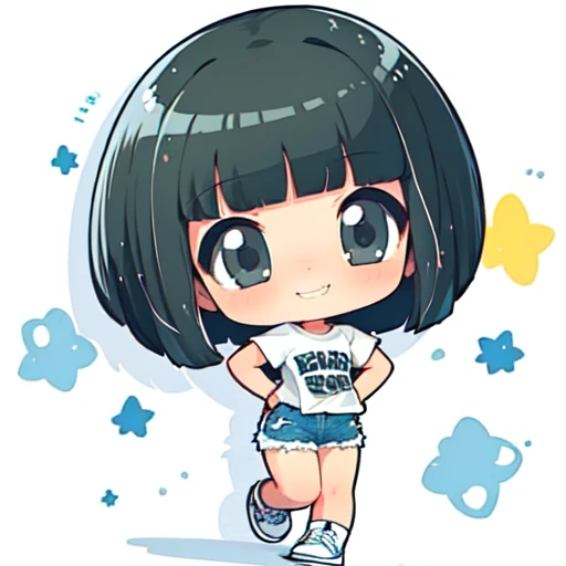 (masterpiece, best quality) 1girl, chibi, blunt bangs, bob cut, grey eyes, smirk, white t-shirt, denim shorts, sneakers <lora:unknown_chibi_style1:1>