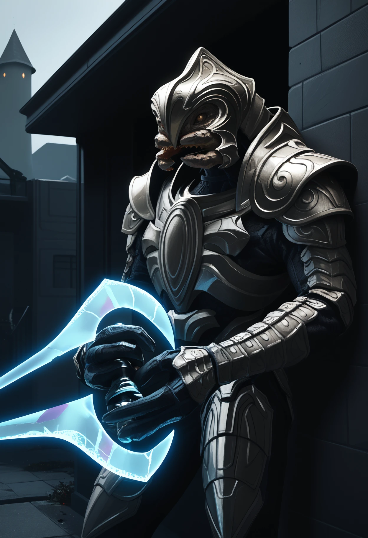 score_9, score_7_up, source_anime BREAK solo, standing, <lora:arbiter-halo-richy-v1_pdxl:1> arbiter, helmet, armor, shoulder armor, mandibles, dark, darkness, [black background::0.2], outdoors, open mouth, energy sword, holding, looking to the side, against wall