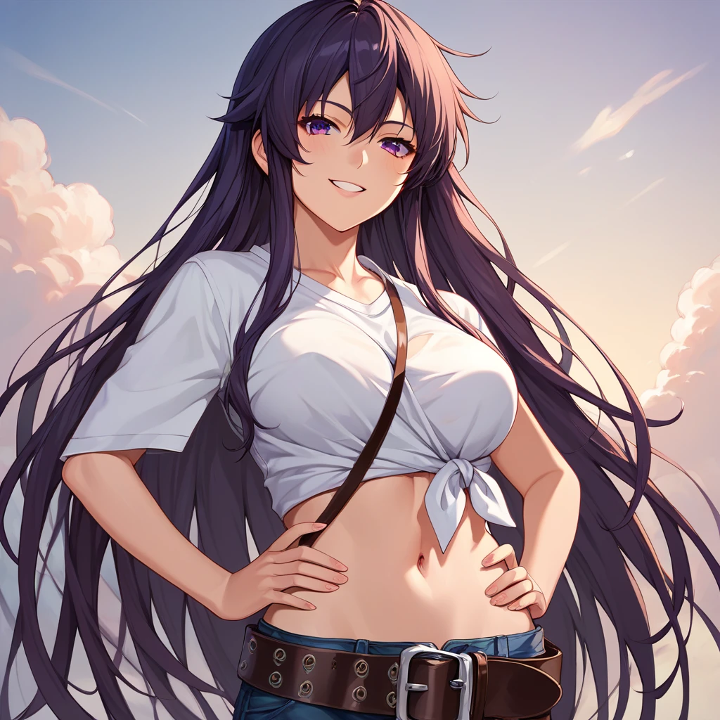 kanzaki_kaori, 1girl, long hair, solo, asymmetrical clothes, purple eyes, navel, shirt, large breasts, single pantsleg, standing, belt, very long hair, hands on waist, side tied shirt, cowboy shot, portrait, seductive smile, <lora:Pony-XL-KanzakiKaori:1>, score_9, score_8_up, score_7_up, score_6_up, source_anime,