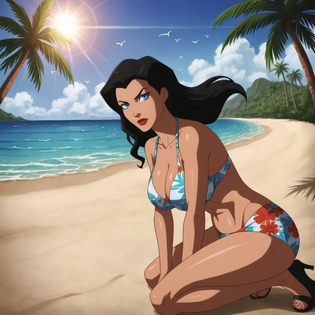 <lora:zatannayoungjustice_pony_v1:.75> zatannaYoungJustice, 1girl,solo, black hair, lipstick, blue eyes, makeup, large breasts, dark skin, red lips, long hair,, wearing a bikini, wearing a floral pattern skirt, at a tropical beach, (sunlight), palm trees, flying birds, radiant light, ray tracing, optical flare, sunglare, perfect face, perfect eyes, sharp focus, big breasts