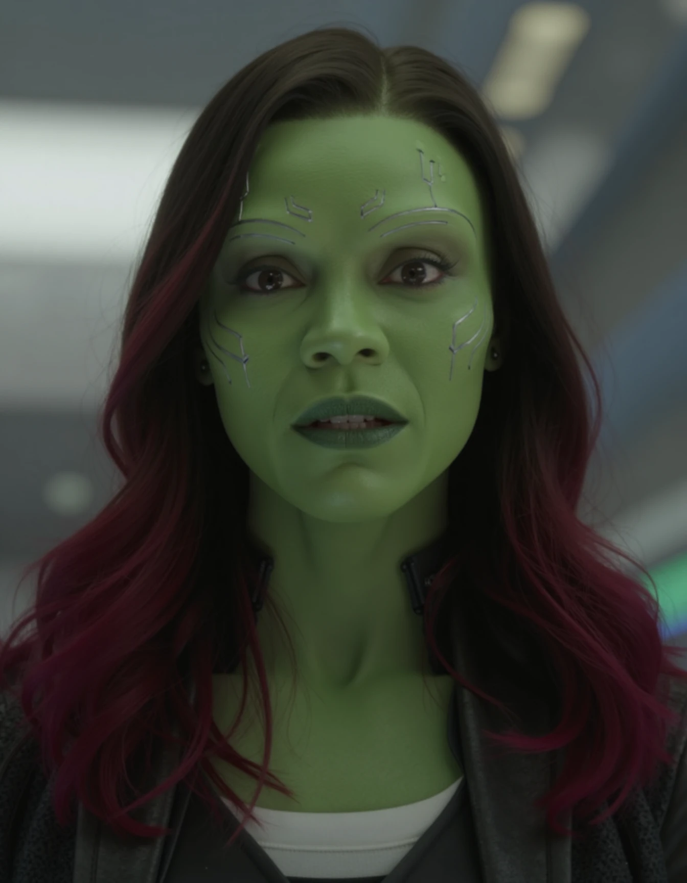 Mid-shot portrait of a beautiful woman gamora with green skin in an hi tech office with blazer and a shirt under    <lora:gamora_flux_lora_v2_000002600:1>