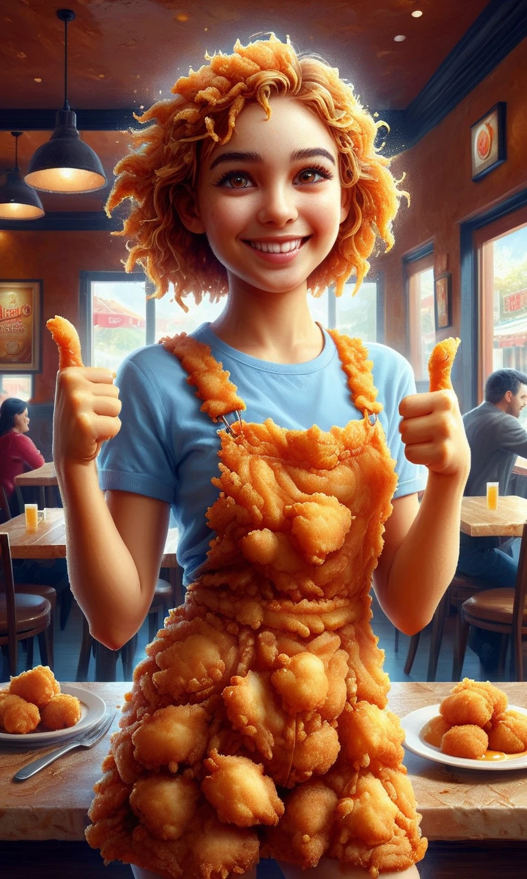 ((masterpiece, best quality)), illustration, digital painting,
<lora:Deep-Fried__Crispy_Style_World_Morph_V2:1> dfc, a girl made of deep fried & crispy breading, standing, indoors, in a restaurant, thumbs up emote, smile,