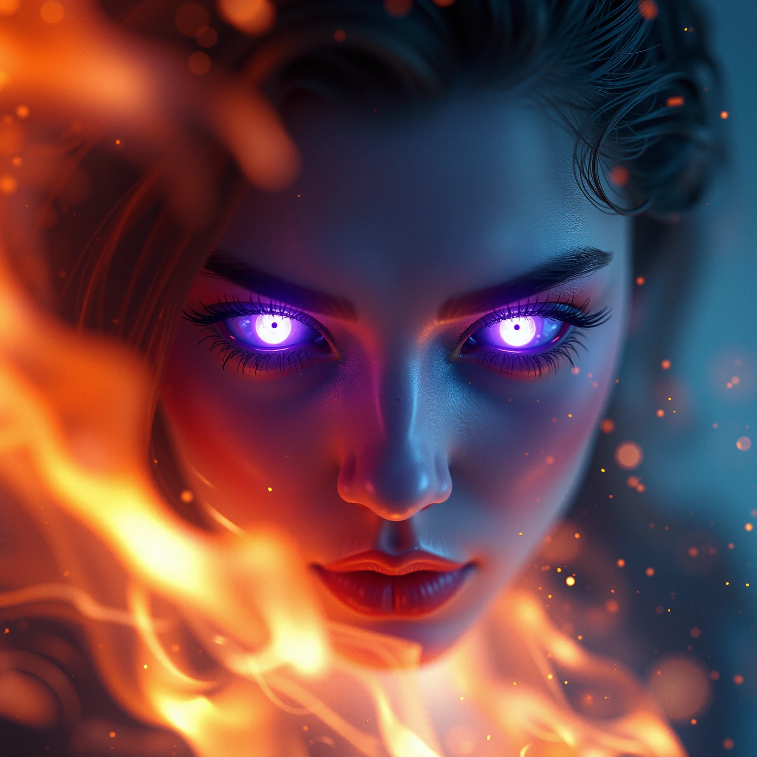 Ethereal female face in 4K ultra closeup, eyes radiating eerie mystical aura with crystalline composition tinted purple-blue hues. Surrounding inferno blazes with dynamic flames and motion effects, creating a vertiginous atmosphere. Extreme depth of field emphasizes surreal otherworldly presence. Glowing eyes at the focal point contribute to haunting mystique, shot from an altered viewing angle emphasizing mysticism. Use Octane and Redshift raytracing for realistic fire and light effects, achieving ultra-realistic 3D render with intense, dreamlike quality.