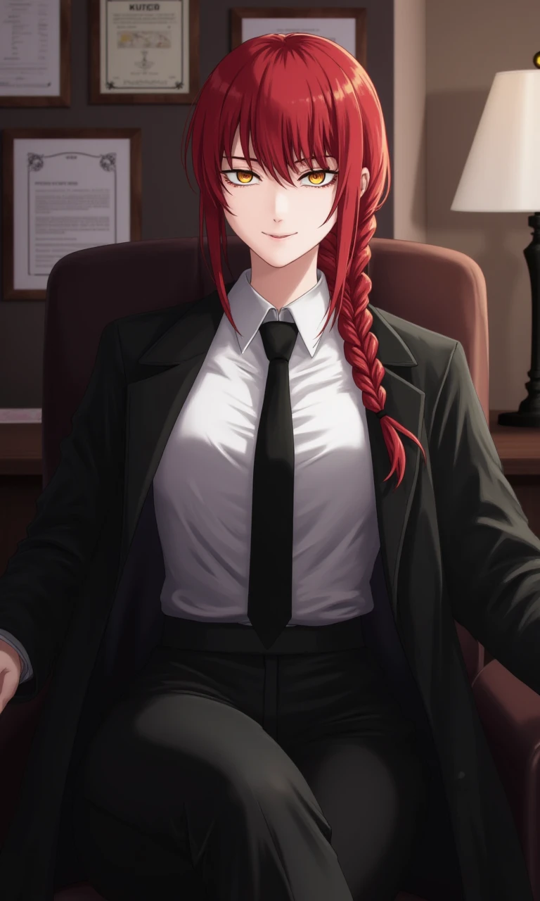 flux_makima, woman, collared shirt, white shirt, black pants, black necktie, red hair , sidelocks, yellow eyes, single braid, black coat, evil smile, evil, indoors, office, sitting, crossed legs, cowboy shot