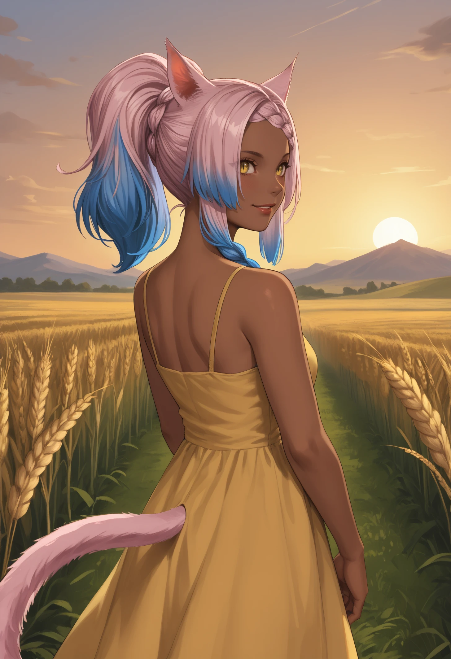 score_9, score_8_up, score_7_up, 1girl, eutropernd, dark-skinned female, yellow eyes, slit pupils, lipstick, animal ears, medium hair, two-tone hair, gradient hair, side braid, braid, ponytail, pink tail, cat tail, medium breasts,
yellow sundress,
looking at viewer, smile, blush, parted lips, looking back, back,
outdoors, wheat field, sunset,
<lora:Wicked-Thunder-Eutrope-PDXL_V1-Manityro-CAME:1.0>,