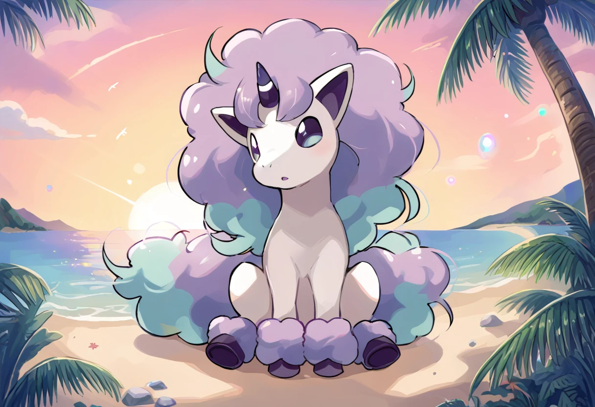 score_9, score_8_up, score_7_up, source_anime  BREAK
beach, sun, sunbeam, palm trees,
G_P0NYT4, white fur, white body, quadraped, purple and teal mane, purple and teal tail, purple and teal fetlocks, purple eyes, light blue irises, purple hooves, horn, purple horn, white stripe,  purple inner ears, animal focus, no humans, pokemon (creature)
(sitting:1.5), facing viewer, looking at viewer, head tilt, curious, open mouth
 <lora:Galarian_Ponyta-000012:1>