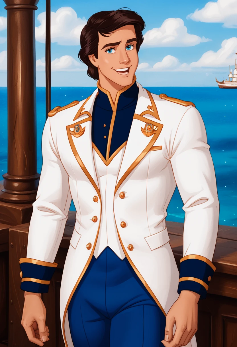 Prince_Eric_LTM, handsome young man, solo, royal attire, white jacket, dark blue pants, wedding attire, standing on a wedding altair, turning hand, towards viewer, loving smile, real skin, real hair, very detailed, fantasy, on a white ship, in the sea., 
<lora:last:1>, <lora:add-detail-xl:1>