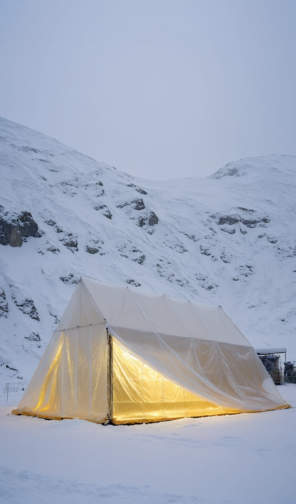 plastic gold transparent sheets wrapped tent translucent glowing in the cold snow far away
<lora:archmat702:1>